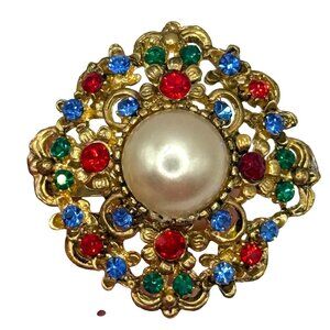 Vintage Costume Brooch Faux Pearl Red Green Blue Rhinestones Christmas Holiday